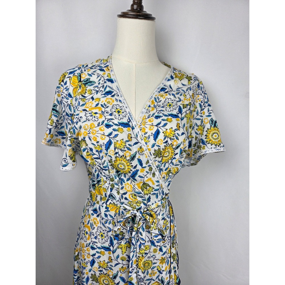 Poupette St Barth Joe Wrap Maxi Dress M Blue Yellow Sunflower Ruffle Resortwear - Picture 3 of 12